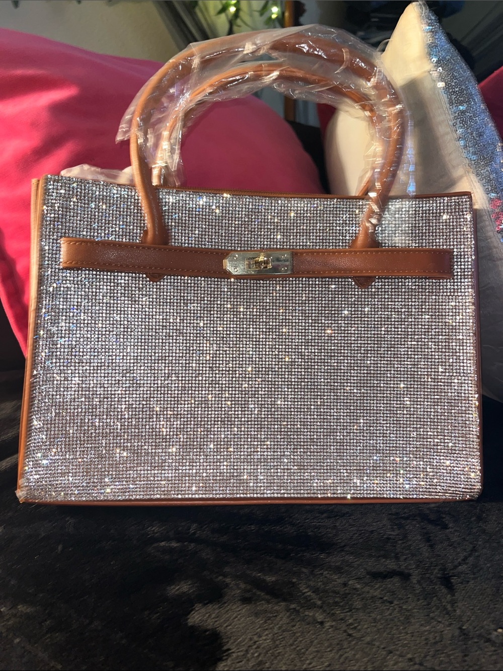 Crystal-Embellished Brown Trim Top-Handle Tote - Sparkling Silver